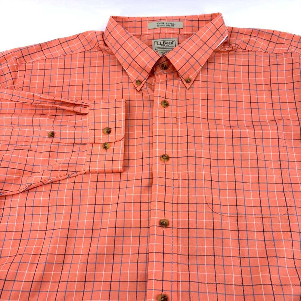 LL Bean NEW Men XXL Wrinkle Free Trad'l Fit Plaid Button Down Shirt Coral Orange